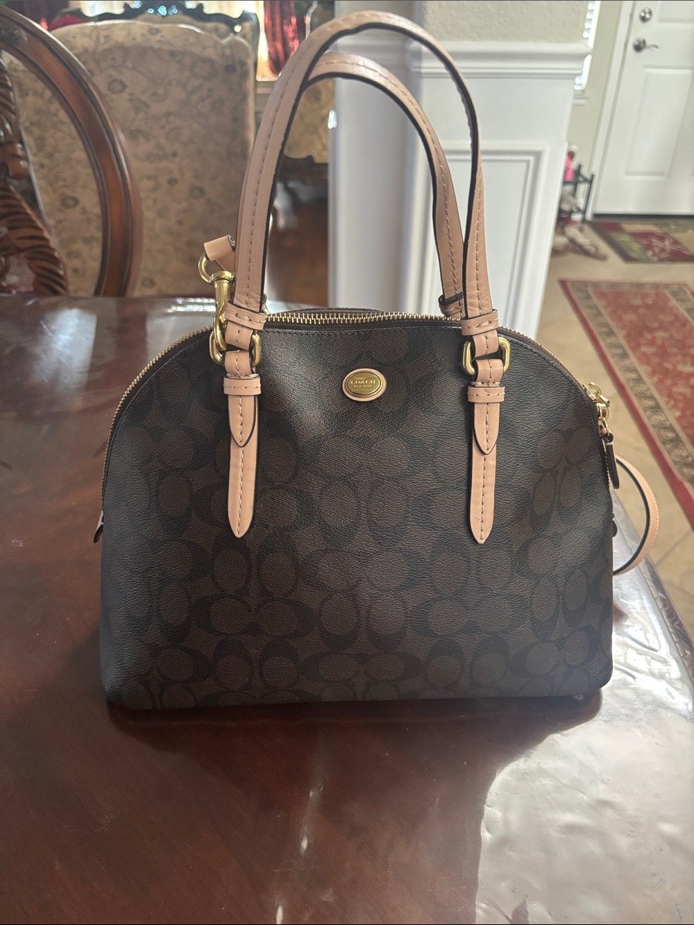 Coach Brown Signature Dome Satchel with Pale tan Trim